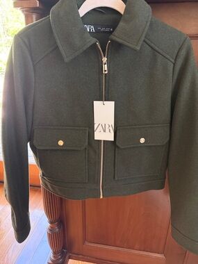 ZARA Olive Green Utility Crop Jacket with Gold Hardware
